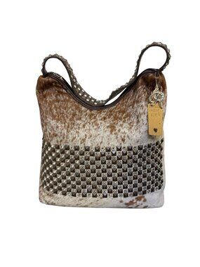 Raviani Brown Cowhide Leather Handbag With Studded Accents
